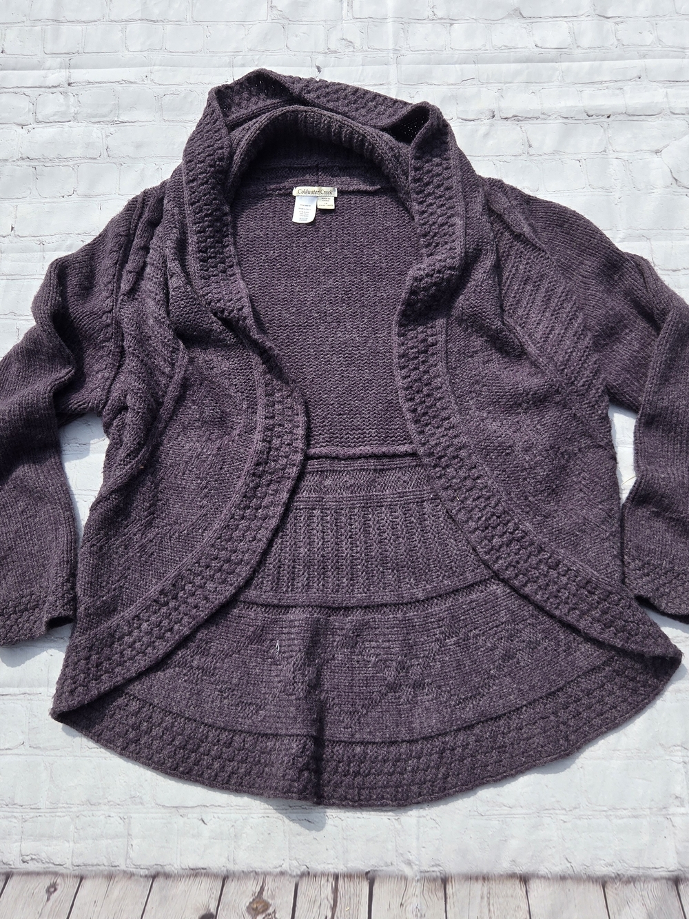 Coldwater Creek Open-front shawl collar cardigan Cable Knit Purple Cozy Cabin